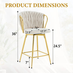 Set of 2 Modern Velvet Braided Bar Stool with Metal Frame, Upholstered Counter Height Stool with Woven Rope Backrest for Kitchen Island, Home Bar or Dining Area – Beige