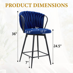 Set of 2 Modern Velvet Braided Bar Stool with Metal Frame, Upholstered Counter Height Stool with Woven Rope Backrest for Kitchen Island, Home Bar or Dining Area – Blue
