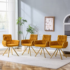 Set of 2 Modern Luxury Velvet Braided Accent Dining Chair with Gold Metal Legs, Upholstered Armchair with Woven Rope Backrest for Dining Room, Living Room or Bedroom-Yellow