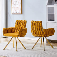 Set of 2 Modern Luxury Velvet Braided Accent Dining Chair with Gold Metal Legs, Upholstered Armchair with Woven Rope Backrest for Dining Room, Living Room or Bedroom-Yellow