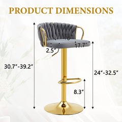 Set of 2 Modern Luxury Velvet Braided Bar Stool with Adjustable Height, Gold Metal Base & Woven Rope Backrest, Upholstered Swivel Bar Chair for Kitchen Island or Home Bar-Gray