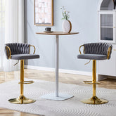 Set of 2 Modern Luxury Velvet Braided Bar Stool with Adjustable Height, Gold Metal Base & Woven Rope Backrest, Upholstered Swivel Bar Chair for Kitchen Island or Home Bar-Gray