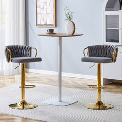 Set of 2 Modern Luxury Velvet Braided Bar Stool with Adjustable Height, Gold Metal Base & Woven Rope Backrest, Upholstered Swivel Bar Chair for Kitchen Island or Home Bar-Gray