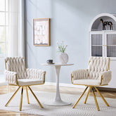 Set of 2 Modern Luxury Velvet Braided Accent Dining Chair with Gold Metal Legs, Upholstered Armchair with Woven Rope Backrest for Dining Room, Living Room or Bedroom-Beige