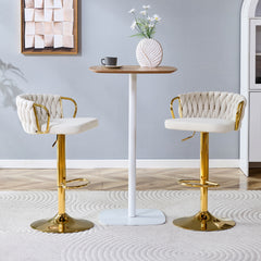 Set of 2 Modern Luxury Velvet Braided Bar Stool with Adjustable Height, Gold Metal Base & Woven Rope Backrest, Upholstered Swivel Bar Chair for Kitchen Island or Home Bar-Beige