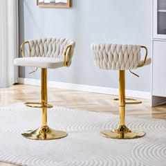 Set of 2 Modern Luxury Velvet Braided Bar Stool with Adjustable Height, Gold Metal Base & Woven Rope Backrest, Upholstered Swivel Bar Chair for Kitchen Island or Home Bar-Beige