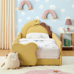 Twin Size Cute Dinosaur-Shaped Kids Bed with Safety Guardraild, Solid Wood Toddler Bed Frame for Children for Bedroom, Boucle Fabric