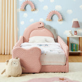 Twin Size Cute Dinosaur-Shaped Kids Bed with Safety Guardraild, Solid Wood Toddler Bed Frame for Children for Bedroom, Boucle Fabric