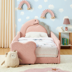 Twin Size Cute Dinosaur-Shaped Kids Bed with Safety Guardraild, Solid Wood Toddler Bed Frame for Children for Bedroom, Boucle Fabric