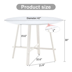 A modern minimalist circular dining table with a 42 inch diameter white patterned tabletop and white metal legs. Suitable for restaurants, living rooms, and conference rooms.