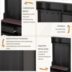 Multi-purpose Hallway Hall Tree with Removable Linen Cushioned Entryway Bench, Coat Rack, Storage Shelves, and DIY Pegboard,for Hallways, Living Room, Black