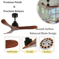42-Inch Ceiling Fan Without Light, Solid Wood Blades, Downrod Mount for Sloped Ceiling ≤15°, Reversible Quiet DC Motor, Remote Control with 6 Speeds & Timer, Energy Saving for Bedroom, Living Room