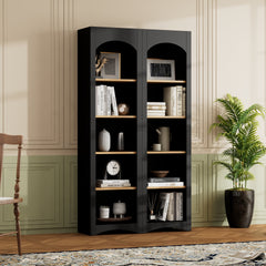 ON-TREND Free Standing 5 Tier Bookshelves, Bookcases Set of 2, Farmhouse Two-Tone Storage Cabinet with Adjustable Shelves, Modern 72"H Kitchen Pantry Cabinet for Living Room, Home Office, Black