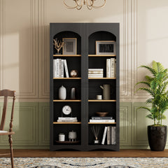 ON-TREND Free Standing 5 Tier Bookshelves, Bookcases Set of 2, Farmhouse Two-Tone Storage Cabinet with Adjustable Shelves, Modern 72"H Kitchen Pantry Cabinet for Living Room, Home Office, Black