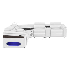 Nova Modern Style Sectional with 2 Consoles (Reading Light + Fridge), Wedge with Bluetooth speaker, LED and Lifting wine cabinet - White