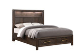 Kenzo Modern Style King Bed Made with Wood & LED Headboard with bookshelf in Walnut (NJ Inventory)