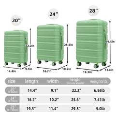 HIFINE TOURIST 20"/24"/28" 3 pcs/set in ABS Spinner Wheel Luggage, Carry on Suitcase, Matching Color, TSA Combination Lock (Green)