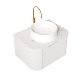 DINA 24" Bathroom Vanity&Sink, Floating Curved Edges Striped Plywood Storage Bathroom Cabinet with Drawer, White Round Ceramic Basin& Carrara White Sintered Stone Top, Pre-assembled, White (New SKU)