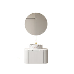 DINA 24" Bathroom Vanity&Sink, Floating Curved Edges Striped Storage Plywood Cabinet with Drawer, Matte Stone White Pattern Ceramic Basin&Sintered Stone Top, Pre-assembled, White (New SKU)