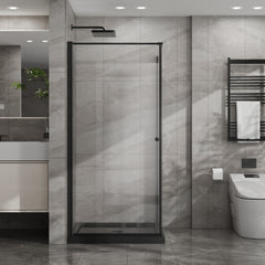 Goodyo Shower Enclosure 36 in.D x 36 in. W x 72 in. H, Corner Shower Door with Shower Base, Pivot Opening Frameless Shower Stall with 1/4 in Clear Tempered Glass, Black Set
