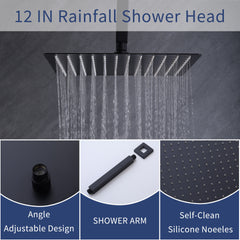 Shower Faucet Set, Shower System Bathroom High Pressure 12 Inches Rainfall Shower Head with Handheld Spray, Wall Mounted Shower Fixtures with Shower Valve and Trim Kit, Matte Black