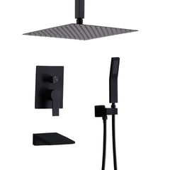 Shower Faucet Set, Shower System Bathroom High Pressure 12 Inches Rainfall Shower Head with Handheld Spray, Wall Mounted Shower Fixtures with Shower Valve and Trim Kit, Matte Black