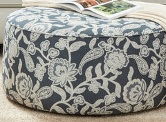 Floral Multi Finish Transitional Style Round Upholstery Ottoman Welt Cord Trim Floral Pattern