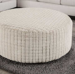 Soft Upholstery Top Round Ottoman Transitional Style Patterend Chenille Tan Finish