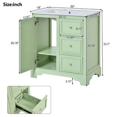 30-Inch bathroom vanity cabinet with ceramic basin, 3 drawers and adjustable shelves