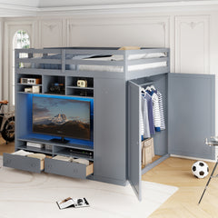 Full size Loft Bed with Drawers, Shelves and Light - Gray