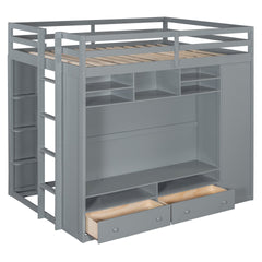 Full size Loft Bed with Drawers, Shelves and Light - Gray