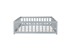 Full Size Floor Bed with Fence and Door,Rubber Wood Floor Bed with Safety Guardrails,Grey