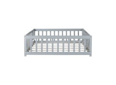 Full Size Floor Bed with Fence and Door,Rubber Wood Floor Bed with Safety Guardrails,Grey