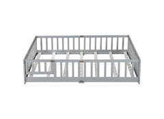 Full Size Floor Bed with Fence and Door,Rubber Wood Floor Bed with Safety Guardrails,Grey