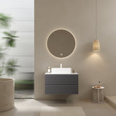 VEDO 30" Bathroom Vanity with Vessel Sink, Wall-Mounted Floating Plywood Striped Bathroom Storage Cabinet with 2 Drawers, White Ceramic Basin and Carrara White Countertop, without Faucet, Gray Color