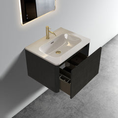 U056-Etna24W-308 Etna 24" Striped Brushed Black Oak Floating Bathroom Vanity with White Ceramic Sink, Bathroom Vanity for Modern Bathroom, One-Piece White Sink Basin without Drain, Pre-assembled