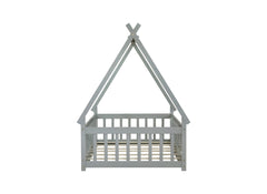 Twin Tent-shaped Floor Bed,Teepee Bed with Guardrails,Slats and Door,Grey