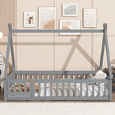 Twin Tent-shaped Floor Bed,Teepee Bed with Guardrails,Slats and Door,Grey