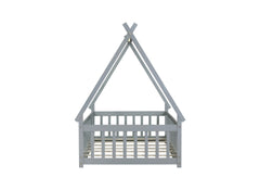 Twin Tent-shaped Floor Bed,Teepee Bed with Guardrails,Slats and Door,Grey