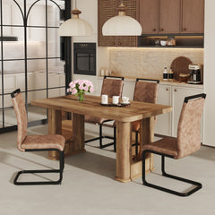 Table and chair set.64.5 x 35.4 Inch Stylish Wood Color Textured Dining Table.Perfectly Blending Simplicity And Transparency.Paried With 4 Brown technology fabric chairs with arched black legs.