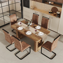 Table and chair set.64.5 x 35.4 Inch Stylish Wood Color Textured Dining Table.Perfectly Blending Simplicity And Transparency.Paried With 6 Brown technology fabric chairs with arched black legs.