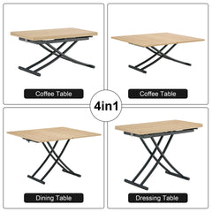Table and chair set.Modern Multifunctional Lifting Platform,Light Wood Grain Sticker MDF Desktop,Black Metal Legs. Paired with 4 Light Gray Artificial PU Chairs With Curved Widened Cushion Design.