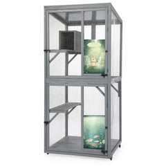 70-Inch Cat Window Catio House, Outdoor Wood Cat Enclosure with Wheels, Platforms, Resting Condo, Lockable Doors, Sunshine Roof, Personalized Color Panels, Gray