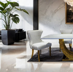 Glam Style 2pc Side Chair Gold Square Legs Diamond Pattern Nailhead Trim White Finish Dining Room