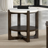 Transitional Style 1pc End Table Quartz Stone Top Trestle Base Dark Walnut Finish Primary Living Room