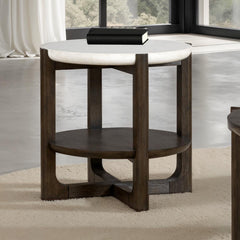 Transitional Style 1pc End Table Quartz Stone Top Trestle Base Dark Walnut Finish Primary Living Room