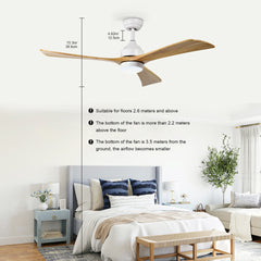 52" Ceiling Fan with Lights Remote Control,Quiet DC Motor 3 Blade Ceiling Fans 6 Speed Levels,Reversible Ceiling Fan, for Patio Living Room, Bedroom, Office,Indoor.(White +Natural)