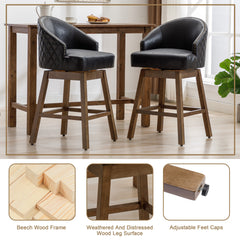 UNITED WE WIN Rotating bar chair, counter height bar chair with backrest, leather rotating kitchen stool with wooden legs and footrest, soft cushion bar, kitchen island