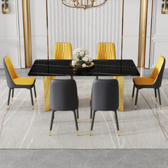 Table and chair set.The table has a glass top with imitation marble pattern stickers and stainless steel golden legs. Paried with 6 Orange and Dark Gray Spliced Color PU Dining Chairs.