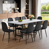 Table and chair set.71*35.4 inch White Grain Spliced Dining Table With Storage Function In The Middle Of The Table Legs.Paired with 8 Black Linen-Cotton Material High Resilience Dining Chair.